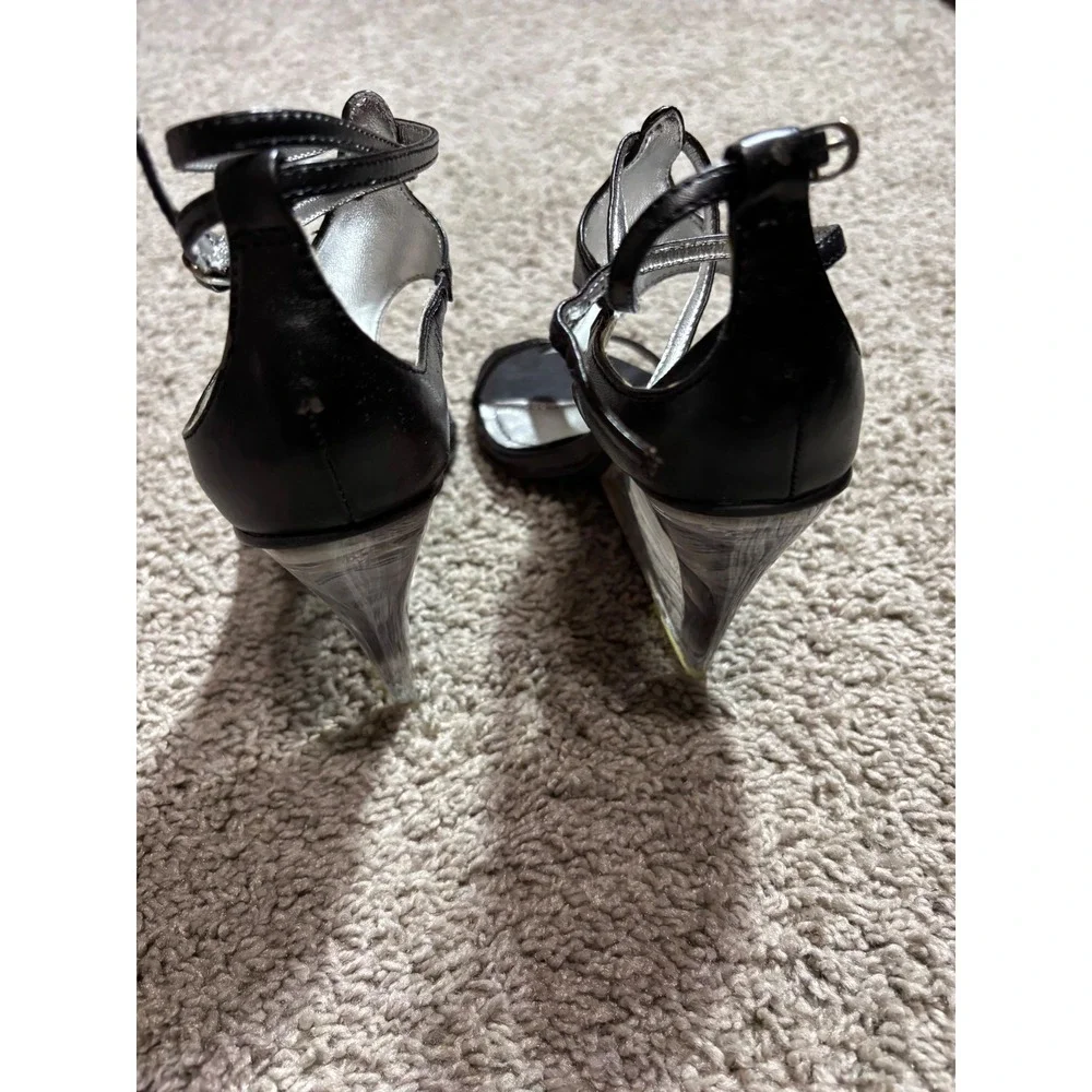 Anne Michelle Black T-Strap Wedge Sandals Clear Lucite Heel Strappy Dress Shoes